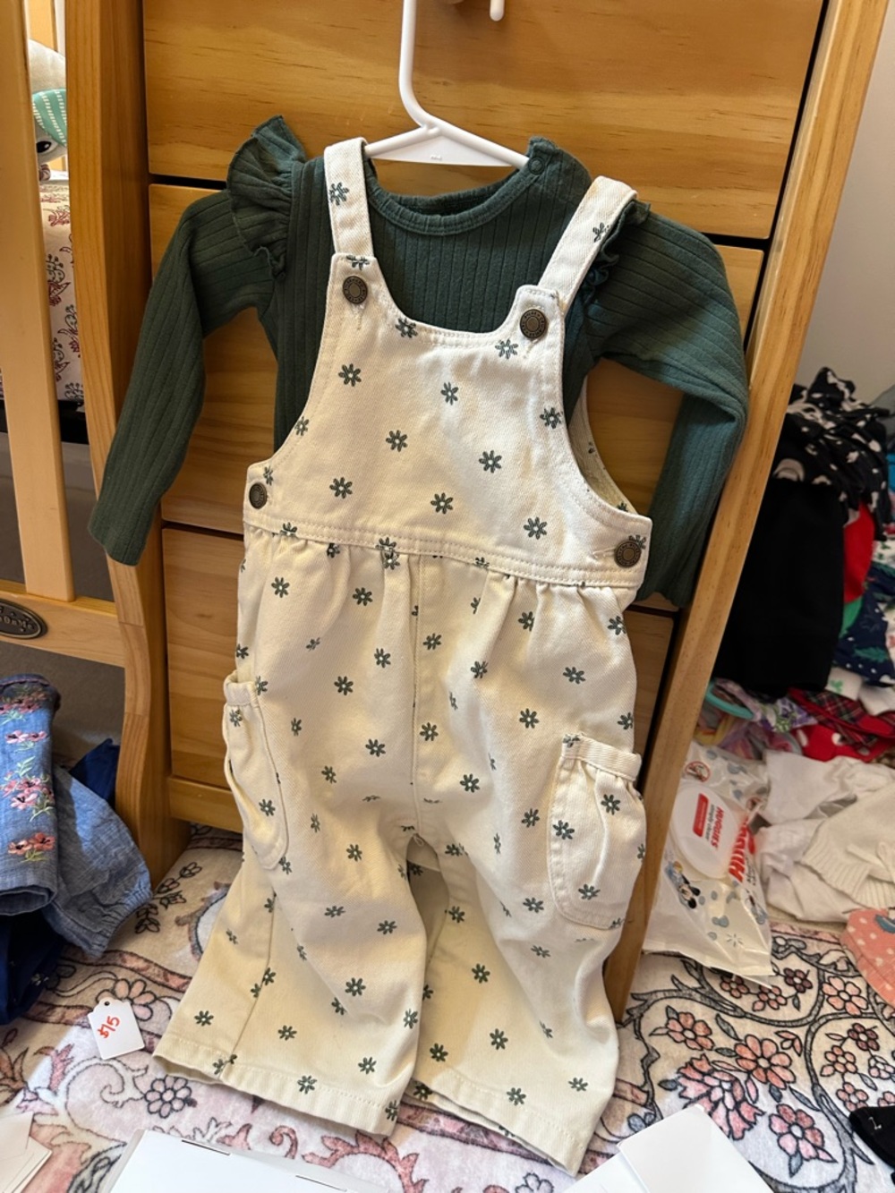 Rylee + Cru Cream Floral-Print Overalls with Forest Green Ribbed Top
